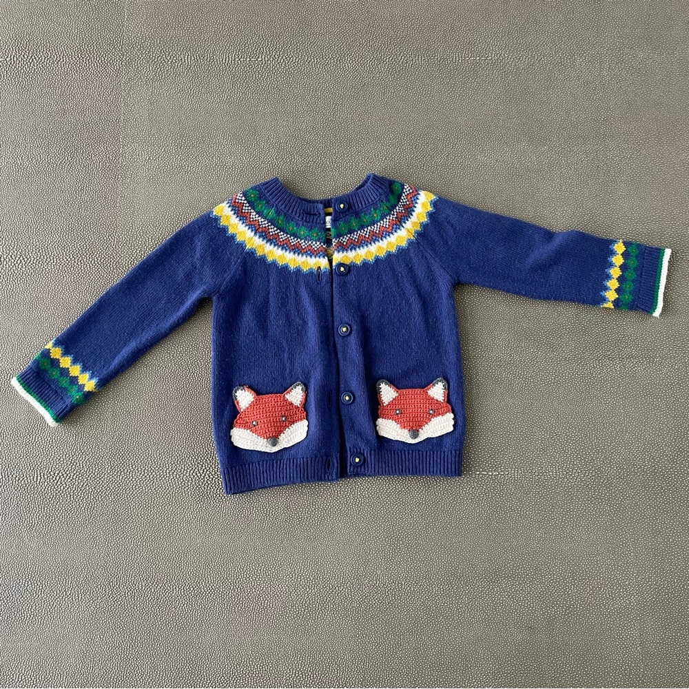 Baby Boden Fair Isle Yoke Fox Cardigan Blue 12 - 18M